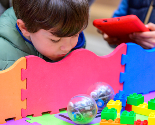 a young boy with dark brown hair looks over an activity with spherical robot and colourful lego bricks
