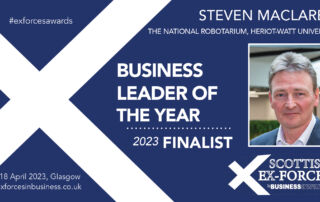 An image of a saltire and focus on head and shoulders of man in shirt and jacket. The typography is white and says 'Business Leader of the Year Finalist'.