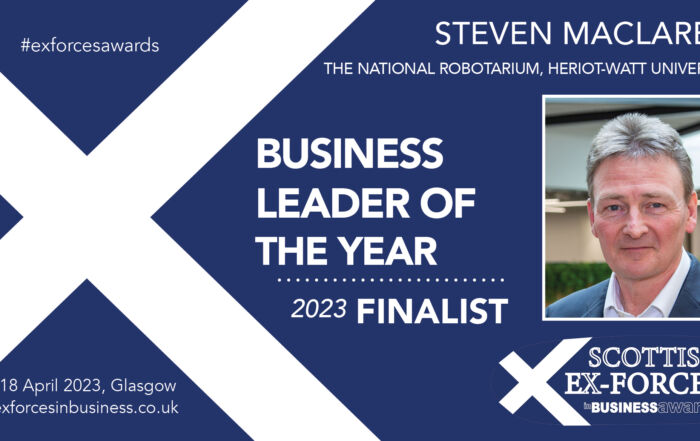 An image of a saltire and focus on head and shoulders of man in shirt and jacket. The typography is white and says 'Business Leader of the Year Finalist'.